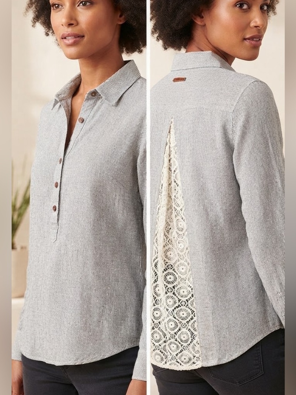 TROVATA Bird Of Paradis Mariners Stripe Button Top Sz M Lace Back Contrast Cuff